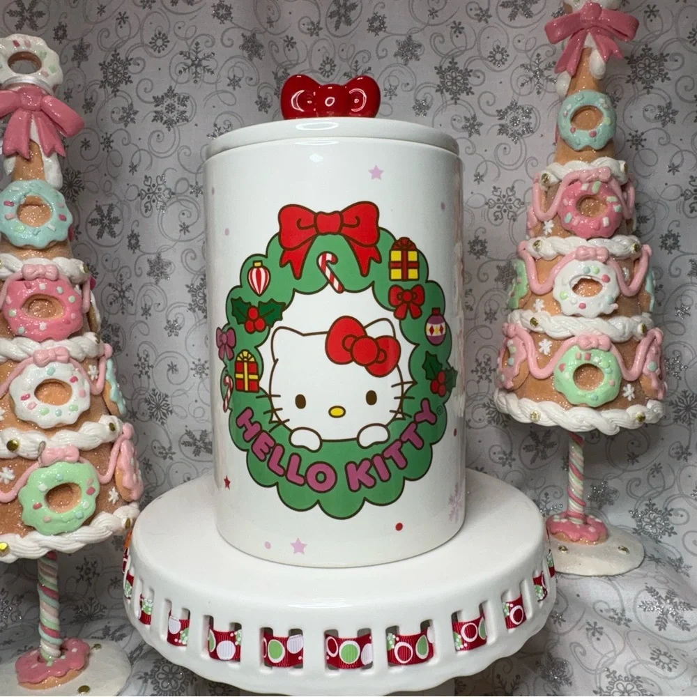 Sanrio Christmas Hello Kitty Wreath Snowflake Canister Cookie Jar w/Bow Topper - Picture 1 of 12